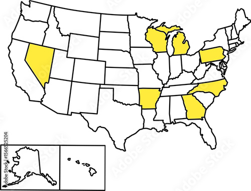 Map highlighting U.S. battleground states with borders only, ideal for election analysis, political strategy, and educational purposes.