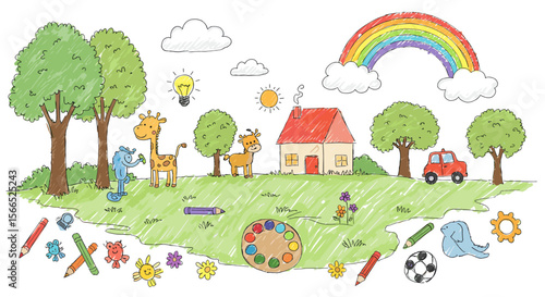 Whimsical forest scene with animals, rainbow, and house vector illustration in hand drawn style