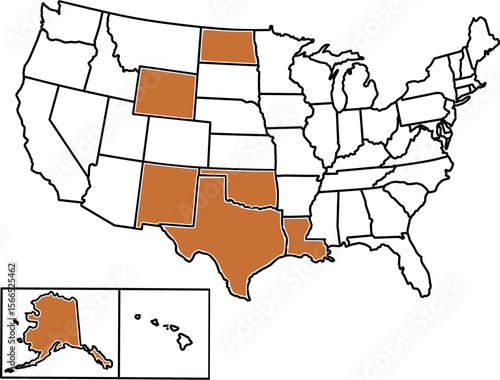 Map highlighting major U.S. energy-producing states with clear borders, ideal for resource maps, energy policy, and educational purposes.

