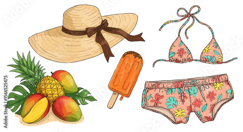 Tropical beach essentials vector illustration for summer vacation and design projects
