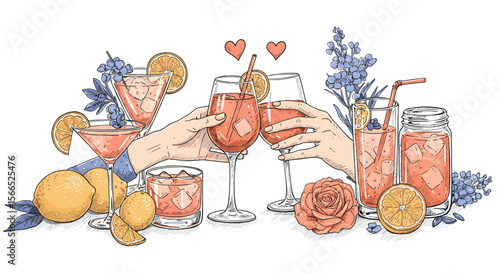 Romantic cocktail celebration vector illustration with flowers and fruits for card design