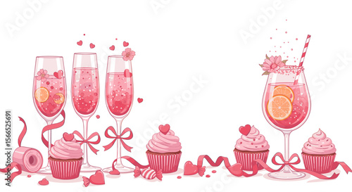 Romantic celebration with pink champagne glasses and cupcakes vector illustration for party design