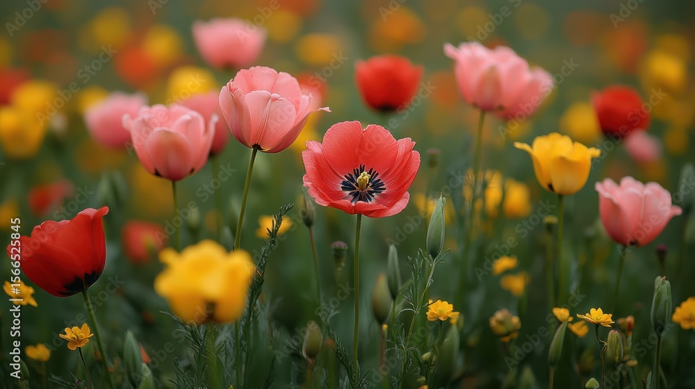 Obraz premium A vibrant field of colorful tulips and buttercups creating a dreamy, idyllic floral scenery.