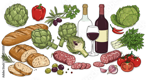 Italian cuisine vector illustration for culinary design featuring wine, artichokes, bread, and vegetables in hand drawn style
