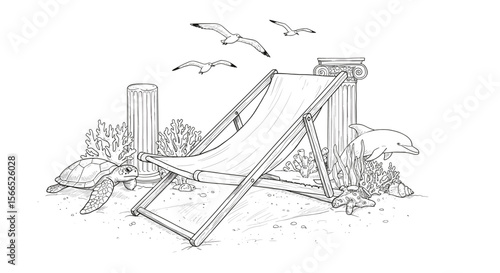 Seaside vacation concept with deck chair and marine life vector illustration in line art style
