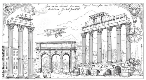Classical architecture and aviation vector illustration - hand drawn line art for historical poster design