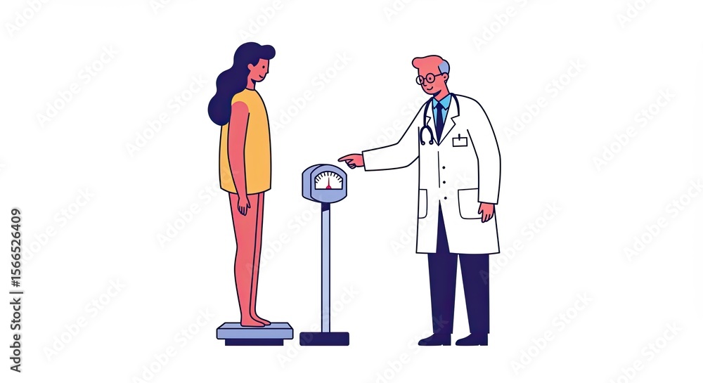 A doctor points to a weight scale while a woman stands on it in the clinic A doctor points to a weight scale while a woman stands on it in the clinic