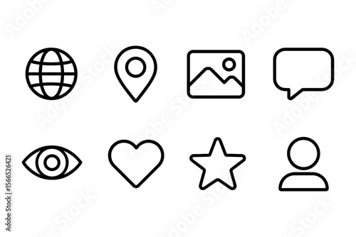 Minimalist icon set featuring globe, location pin, image, speech bubble, eye, heart, star, and user, vector illustration