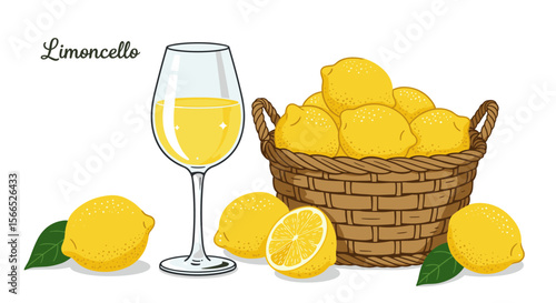 Limoncello vector illustration with basket of lemons and glass for beverage design