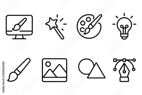Creative art and design tools icon set featuring brush, palette, and magic wand, vector illustration