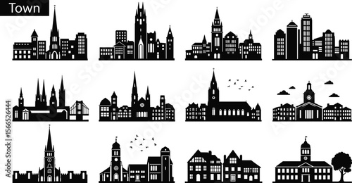 Townscape silhouette collection, city skyline set, urban buildings, church steeples, clock towers, residential houses, modern skyscrapers, architectural variety, skyline icons, town views