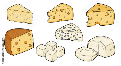 Variety of cheeses vector illustration for culinary art and design in flat style