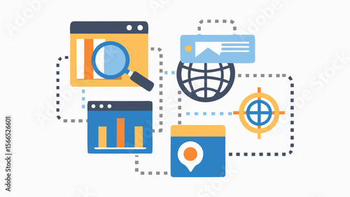 Illustration depicting data analysis, global reach, and location, connected by dotted lines