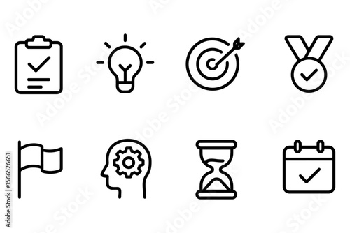 Minimalist business icon set featuring checklist, lightbulb, target, medal, flag, human head, hourglass, and calendar, vector illustration