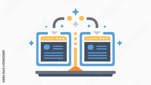 Two computer screens connected by curved lines with stars and circles above them in light blue
