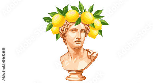 Classical bust with lemon crown vector illustration - surreal art for design and decor