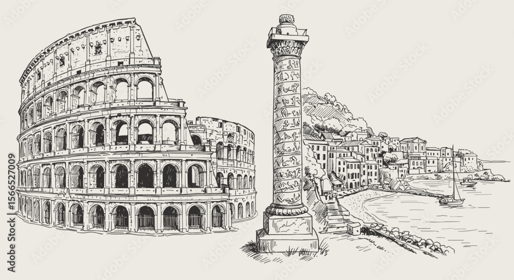 Fototapeta premium Ancient roman architecture vector illustration: colosseum and coastal cityscape in detailed line art