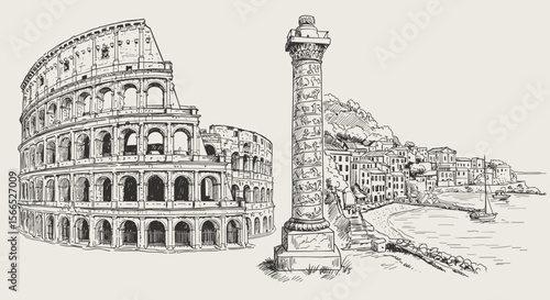 Ancient roman architecture vector illustration: colosseum and coastal cityscape in detailed line art