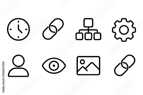 Minimalist icon set featuring time management, connectivity, and vision, vector illustration