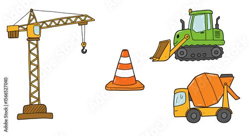 Construction equipment and safety cone vector illustration in cartoon style for engineering design