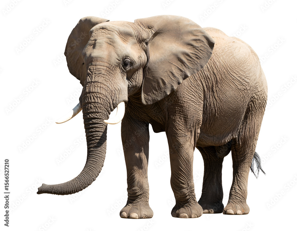 Fototapeta premium Powerful African elephant with wrinkled skin and impressive ivory tusks gazes forward.