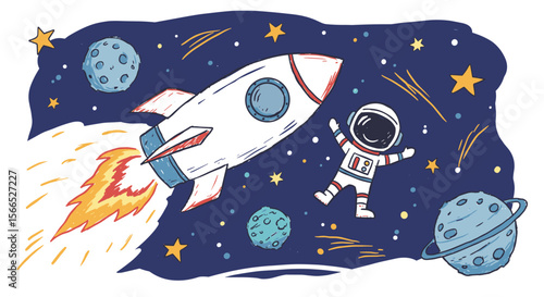 Space adventure with rocket and astronaut vector illustration in cartoon style for kids' room decor