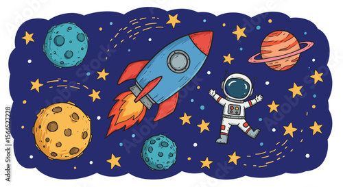 Space adventure vector illustration: rocket and astronaut journey in cartoon style for kids' room decor