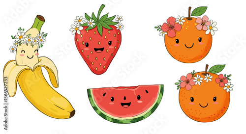 Cute kawaii fruit characters with floral decorations vector illustration for summer design