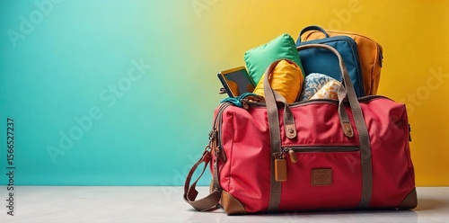 Overstuffed Travel Bag Overflowing with Clothes and Essentials A Joyful Image of Travel Preparation and Adventure Anticipation