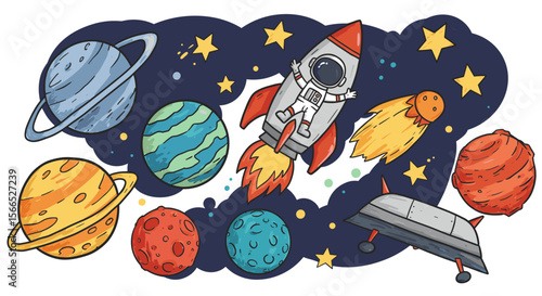 Photos Space adventure with planets and rocket vector illustration for kids' posters an