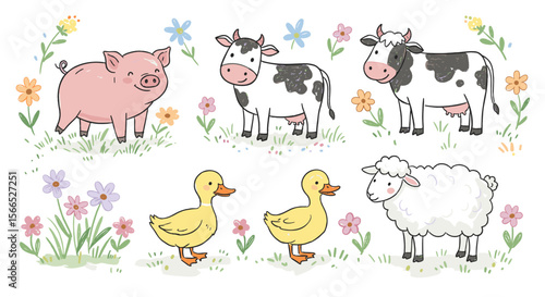 Farm animals with floral background vector illustration in hand drawn style for kids posters or cards