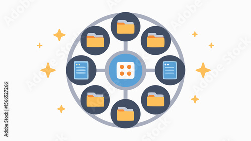 Illustration of a central square surrounded by folders and documents in a circular arrangement