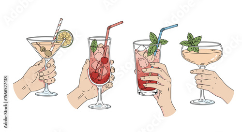 Hand drawn cocktail vector illustration: variety of refreshing drinks for summer party design
