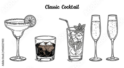 Classic cocktail vector illustration for bar menu design in hand drawn style