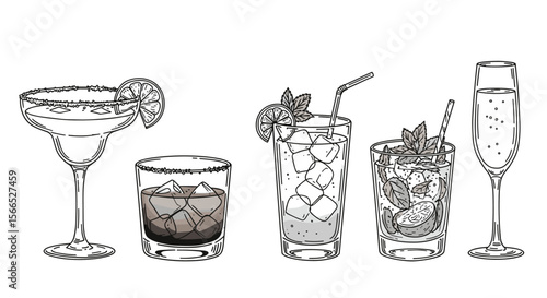 Hand-drawn vector illustration of classic cocktails for beverage design and bar decor