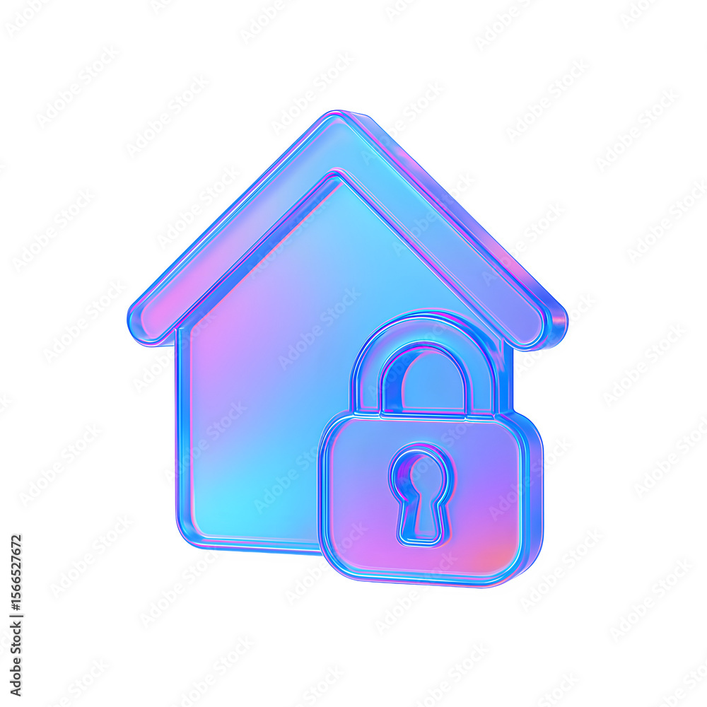 Glossy holographic house with a padlock symbol representing home security and protection isolated on transparent background Glossy holographic house with a padlock symbol representing home security and protection isolated on transparent background