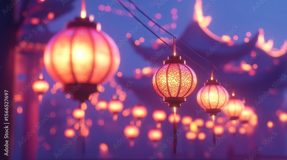 Fototapeta premium Many glowing lanterns hang in a serene, Asian-style night landscape. Soft lighting and pastel colors create a peaceful ambiance.