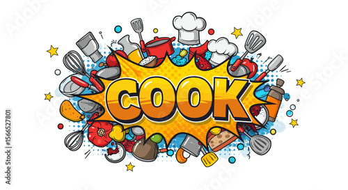 Cooking theme vector illustration with kitchen utensils and ingredients in pop art comic style for poster design