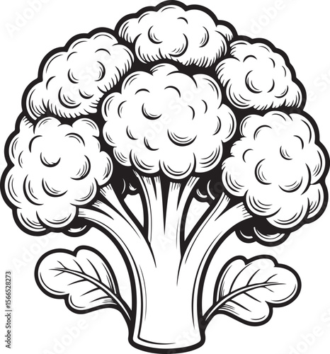 Detailed black and white illustration of a broccoli plant freshly harvested from the garden