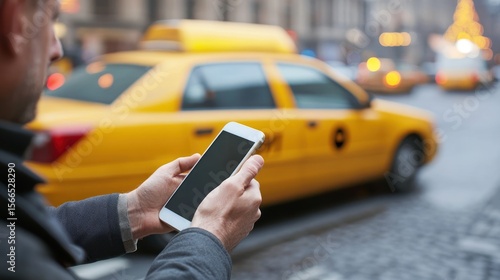 Man using smartphone near yellow taxi cab in city street.