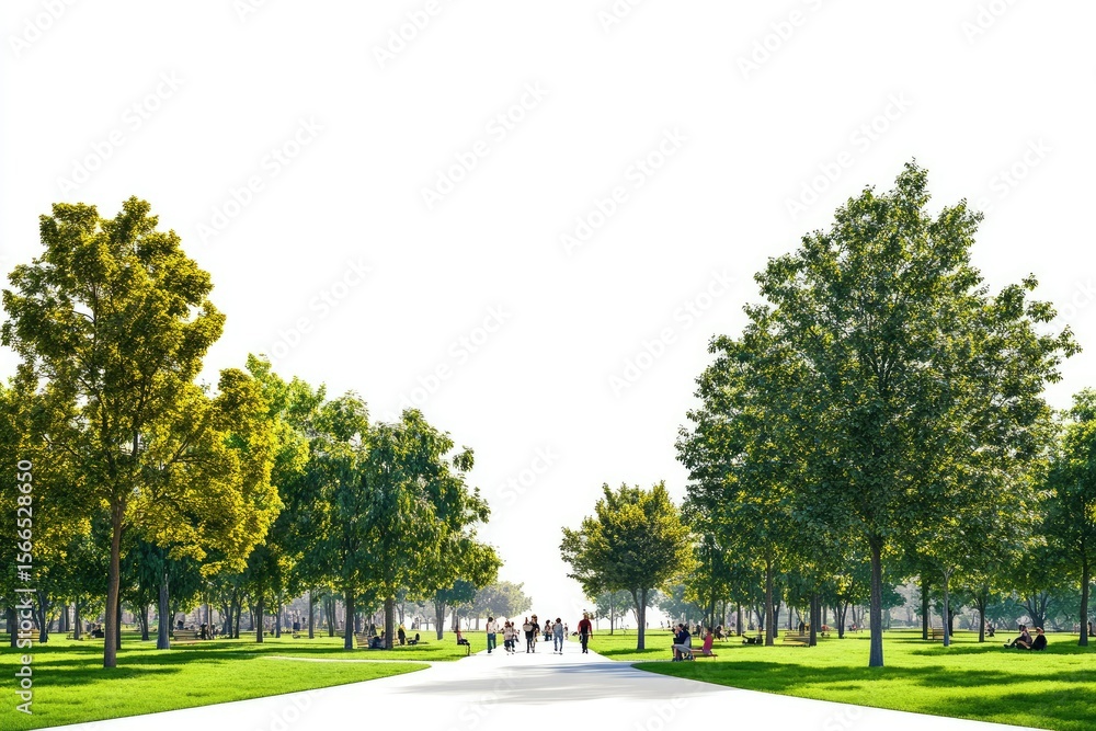 Joyful Pedestrians Enjoying the Park Isolated on White Background, Depth of Field Joyful Pedestrians Enjoying the Park Isolated on White Background, Depth of Field