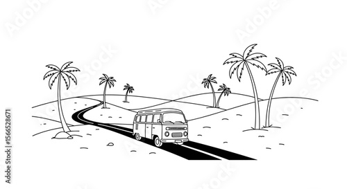 Vintage road trip with camper van in desert landscape vector illustration - black and white line art