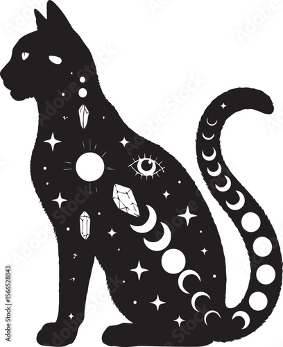 Mystical black cat silhouette adorned with celestial elements and phases of the moon