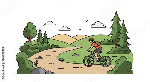 Outdoor adventure vector illustration of cyclist in nature for activity and travel design