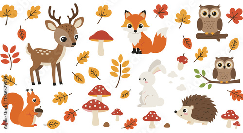 Autumn forest animals and foliage vector illustration for children's design and decoration