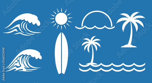 Beach and surf icons vector illustration: waves, surfboard, sun, and palm trees for summer design