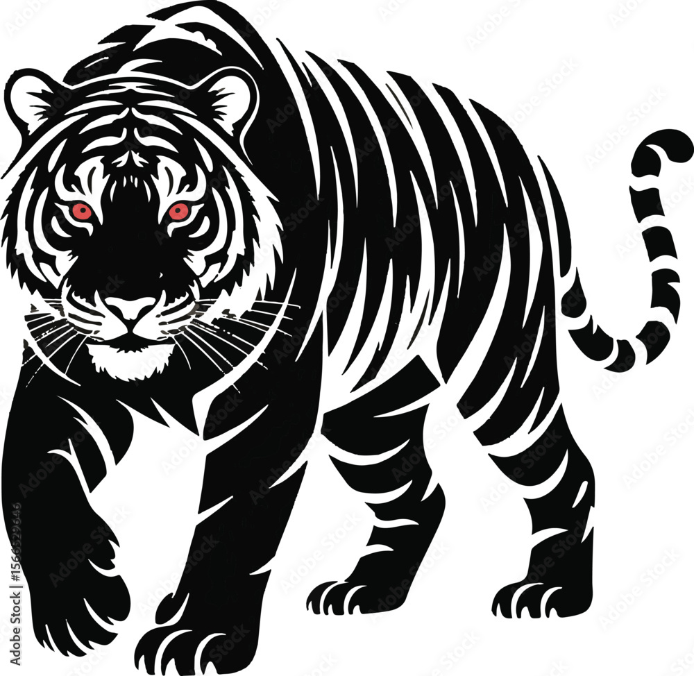 Fototapeta premium Powerful vector illustration of a black and white walking tiger with fierce red eyes
