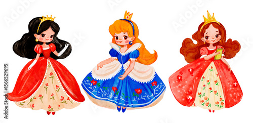 Collection of Cute Princesses in Cartoon Style – Royal Characters with Sparkles, Wands and Beautiful Hair