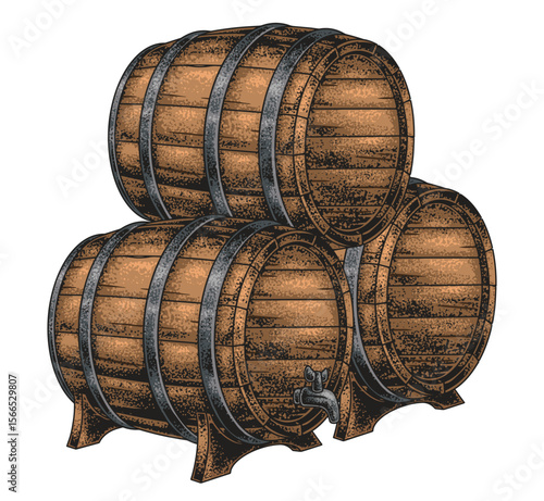Craft beer barrels stacked in a brewery setting