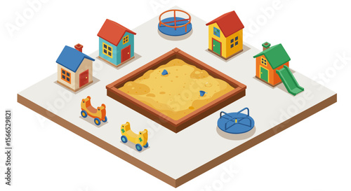 Isometric playground illustration with sandbox and playhouses for children's activities and design